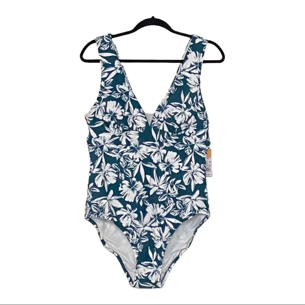 NWT Target Kona Sol One Piece Floral Tropical Swimsuit SZ Large in Teal Blue - Picture 1 of 6